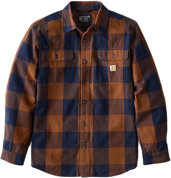 Bruin en marineblauw geruit overhemd met lange mouwen, twee borstzakken en het Carhartt-logo.