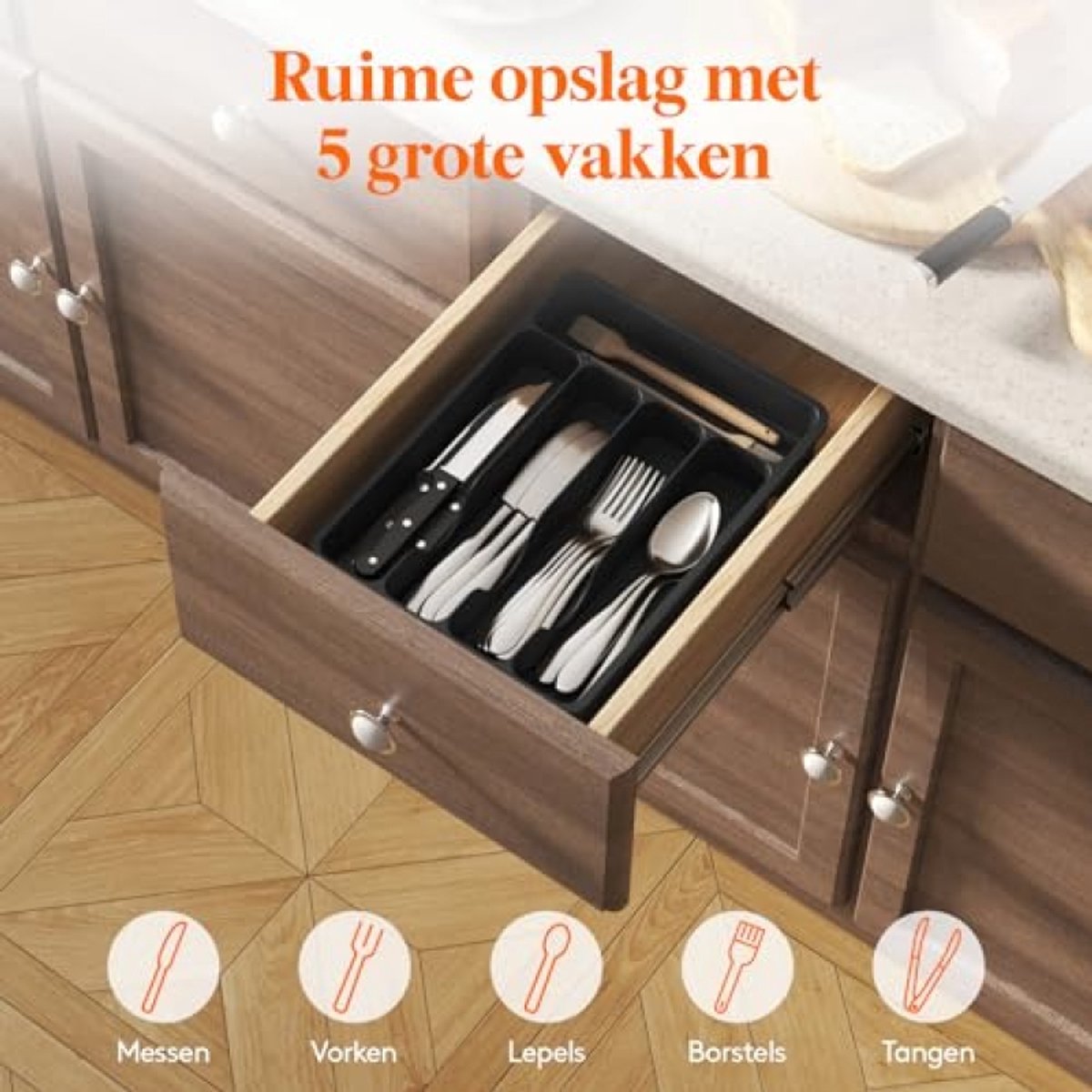 Dailygoody - Besteklade Organizer - Keukenla Organizer - 5 Vakken - Zwart - Bestekhouder - Perfect voor Keukengerei - Compact Model