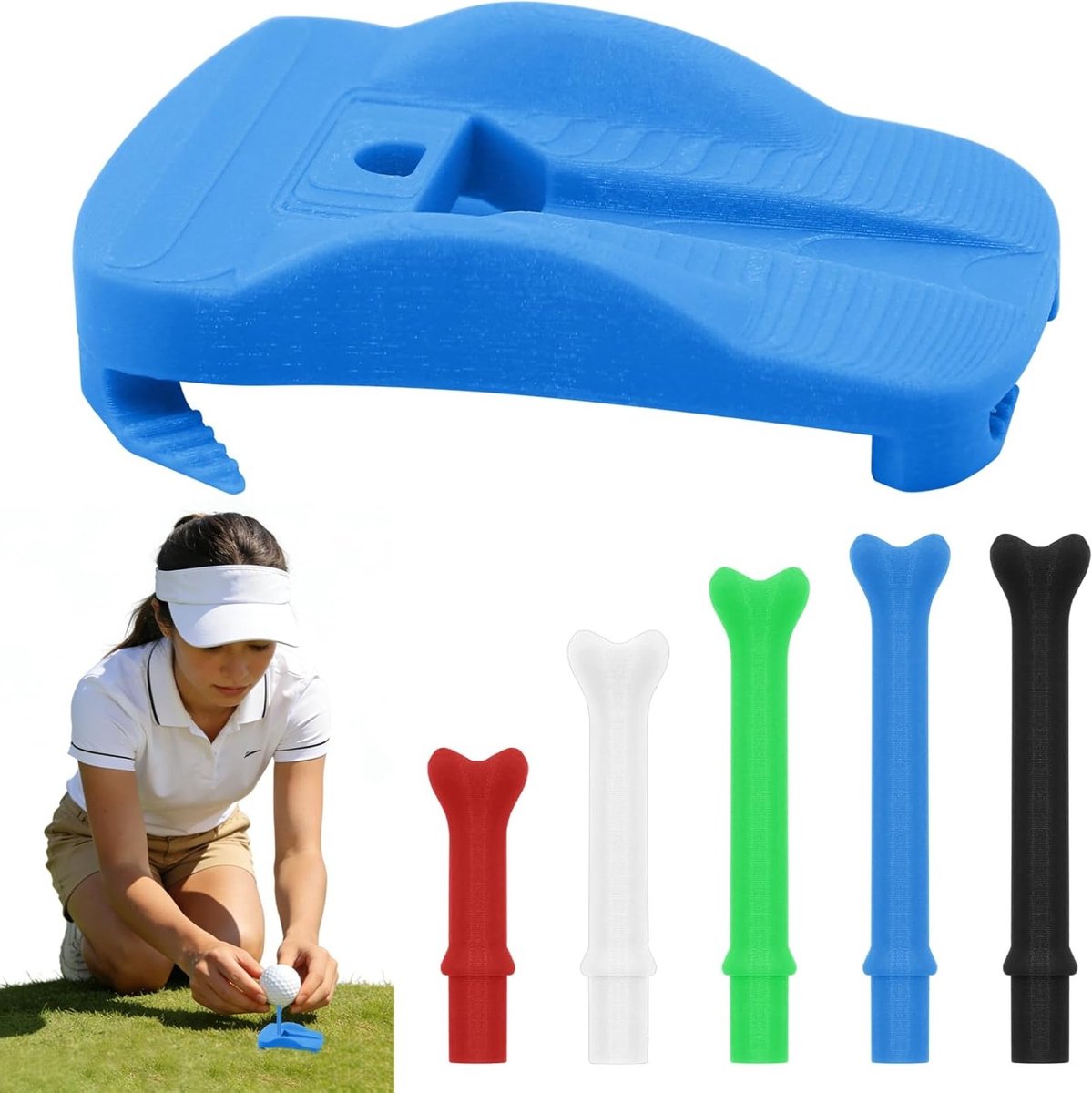 Golf Tee Houder voor Kunstgras - Scharnierbasis met 5 Simulator Tees in Diverse Maten voor Stabiliteit en Gebruiksgemak bij Golf Simulators Thuis