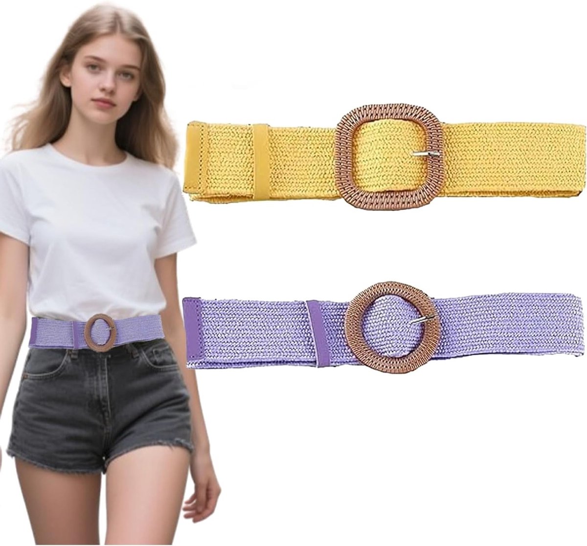 2 Stuks Vrouwen Strobanden, Gevlochten Stro Belts voor Vakantie en Strandjurken, Paars en Geel