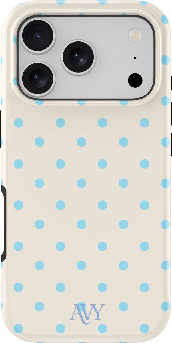 AVY Hoesje geschikt voor Apple iPhone 17 Pro Max | Riviera Dots | Polka Dots | Beige & Blauw | Hard Shell Back Cover | Compatibel met MagSafe & Qi2
