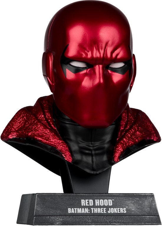 Buste van Red Hood met glimmend rode helm en een zwart masker. De helm heeft witte ogen en een glimmende rode kraag.