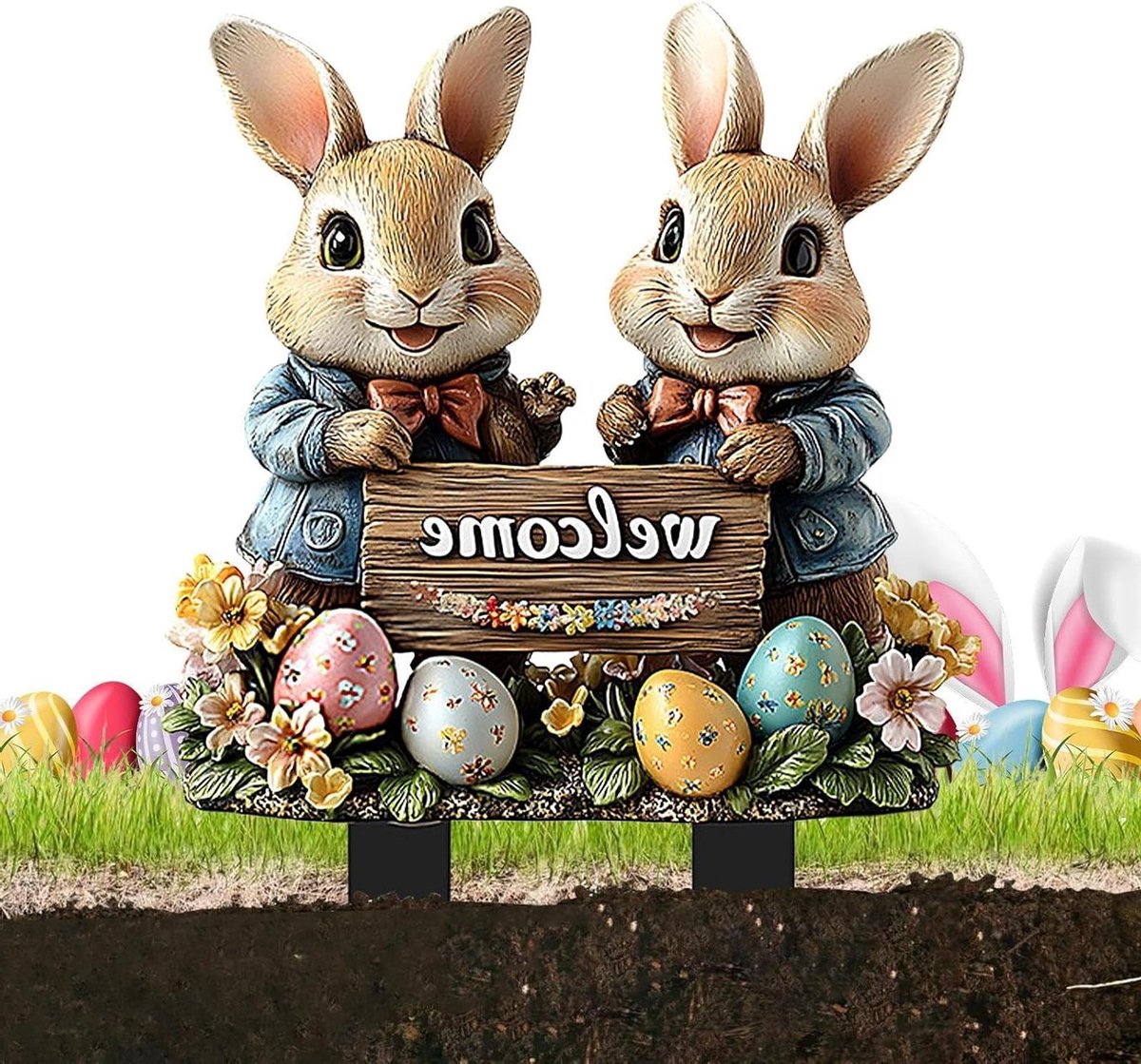 Tuinsteker Paashaas - Paasdecoratie Gazonbord - Tuin Aankleden - Weerbestendig Acryl - 24x30 cm - Meerkleurig