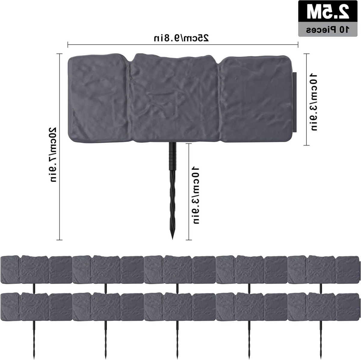 Gazonrand Kunststof - Borderrand Steenlook - Tuin Afbakenen - Weerbestendig PP Materiaal - 10 stuks - Antraciet