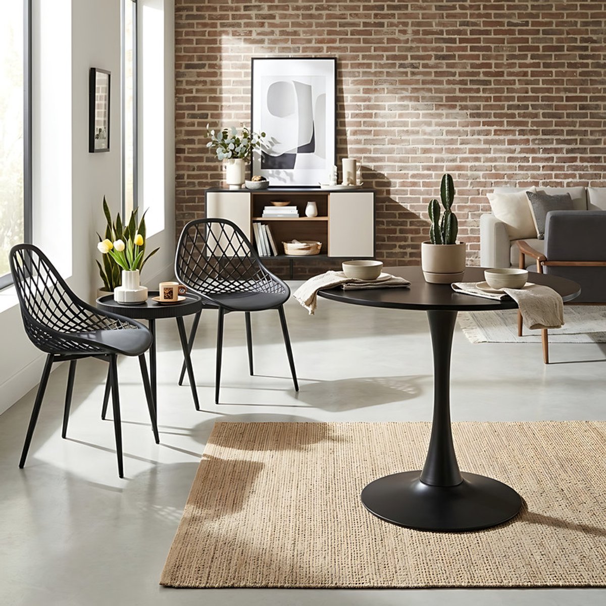 EGGREE Combinatieset: 3-delige tafel- en stoelenset + Ronde Zwarte eettafel - Salontafel bijzettafel - Geschikt voor woonkamer, slaapkamer, lounge, eetkamer en kantoor - 80 x 80 x 73 cm - Tafelblad met gesplitst ontwerp