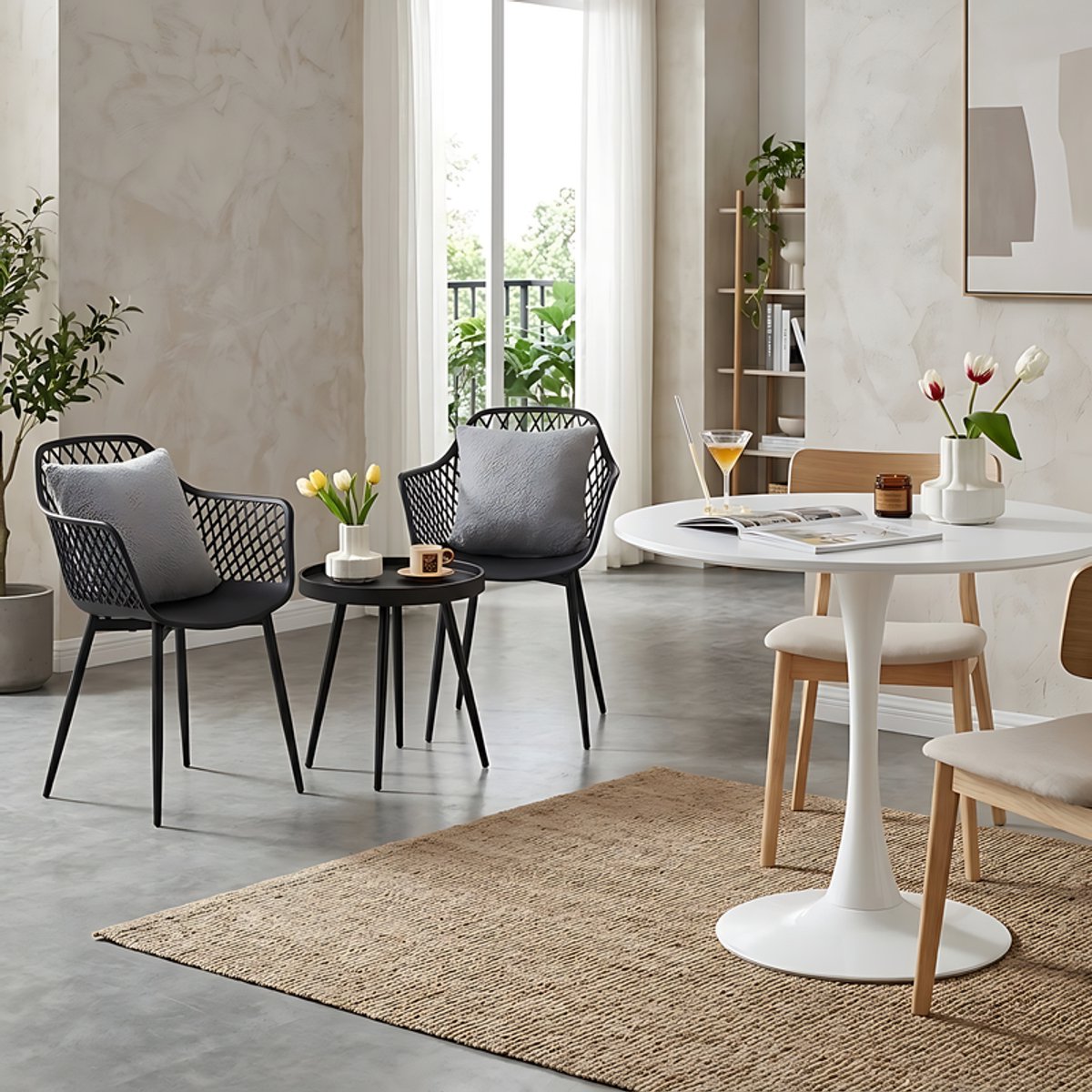 EGGREE Combinatieset: 3-delige tafel -en stoelenset + Ronde Witte eettafel/keukentafel 70 x 70 x 73 cm - Salontafel bijzettafel - Geschikt voor 2 tot 4 personen zwart