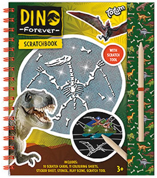 Voorpagina van een dinosaurus krassenboek. Grote T-Rex kop links, skelet van een dinosaurus in het midden, met een pterodactyl bovenin. Inclusief krabtool.