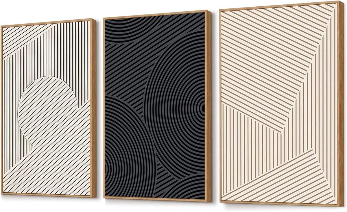Canvas Muurkunst Set - Abstracte Wanddecoratie - Woonkamer Aankleden - Geometrische Abstractie - 40 x 60 cm - Beige Zwart
