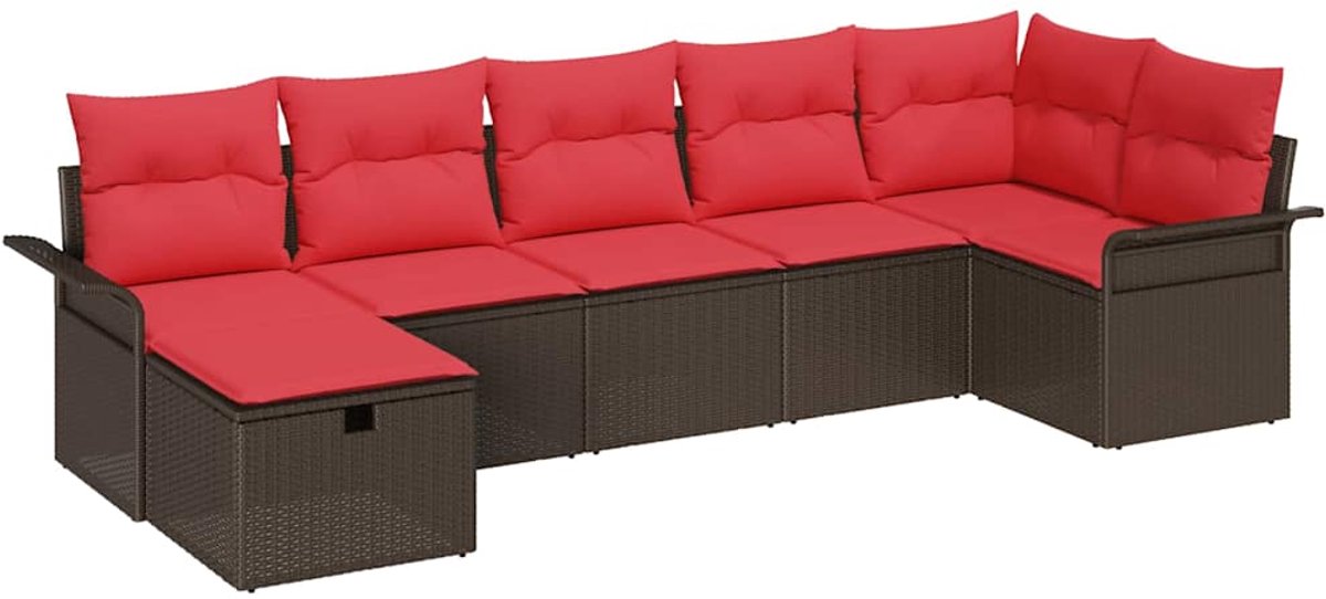 vidaXL - Tuinbank - Set - met - kussen - 7 - pcs - Bruin - en - Rood - poly - rattan
