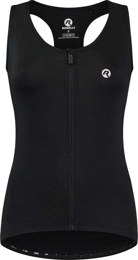 Zwarte dames fietstop met rits van Rogelli. De top heeft een racerback en een klein logo op de borst.