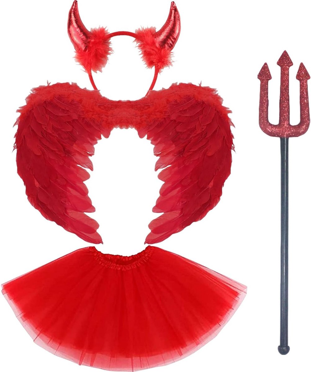 Rood Duivel Kostuum met Vleugels, Hoorns, Vork en Tutu Rok voor Halloween en Cosplay Feestjes, Perfect voor Vrouwen en Meisjes
