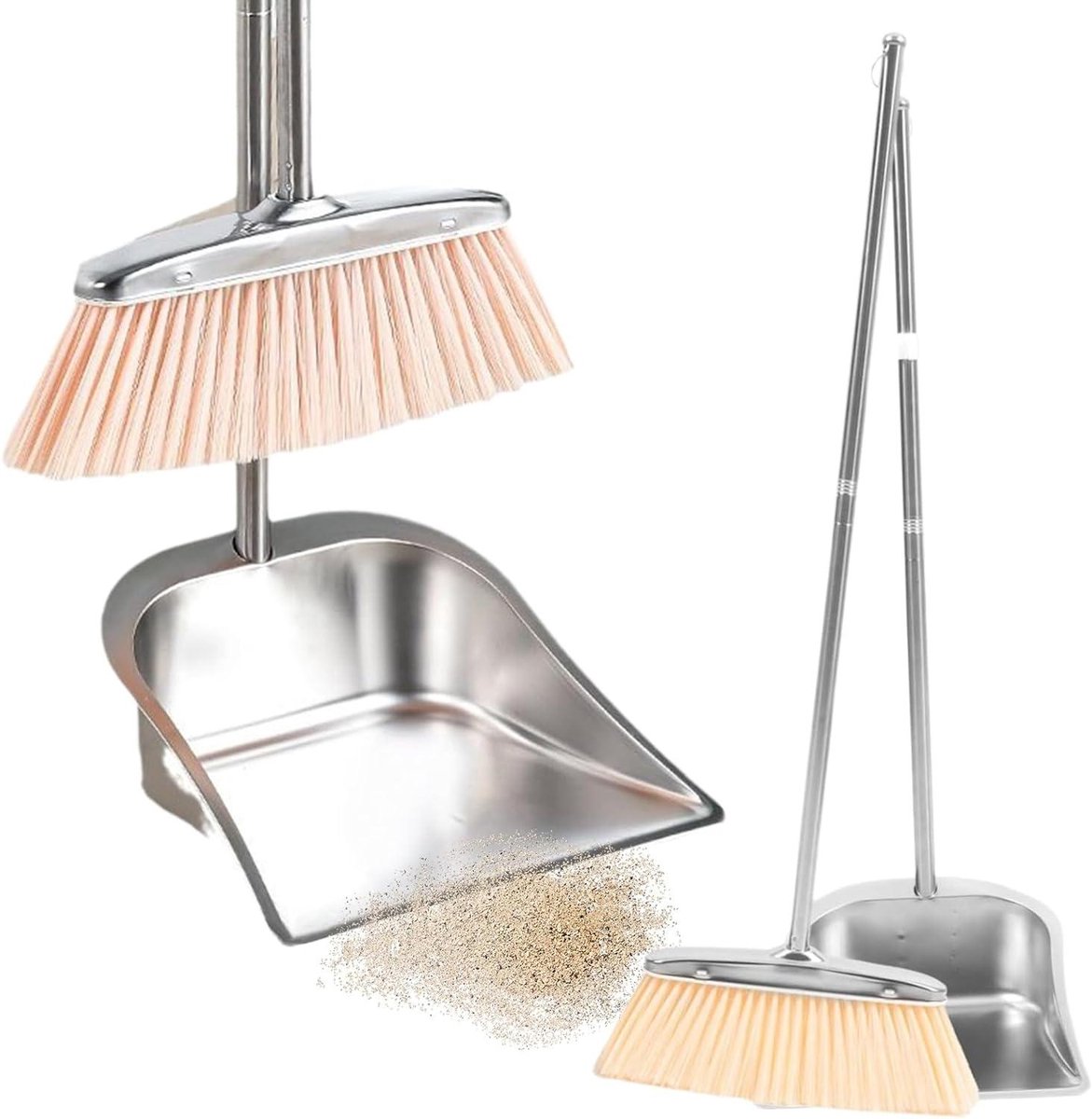 Bezem en Blik Set - Stofblik met Lange Steel - Vloeren Schoonmaken - Roestvrij Staal Materiaal - Lang Handvat - Zilver