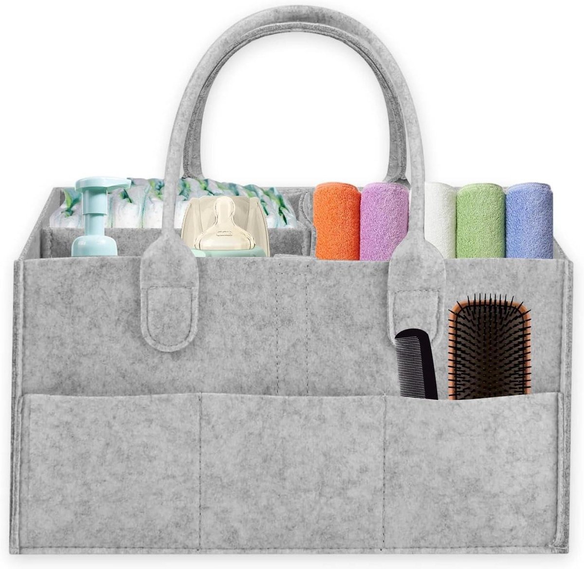 Luierorganizer Vilten Tas - Opvouwbare Mand Baby - Baby Spullen Opbergen - Flexibele Indeling Vakken - 33x23x18 cm - Lichtgrijs