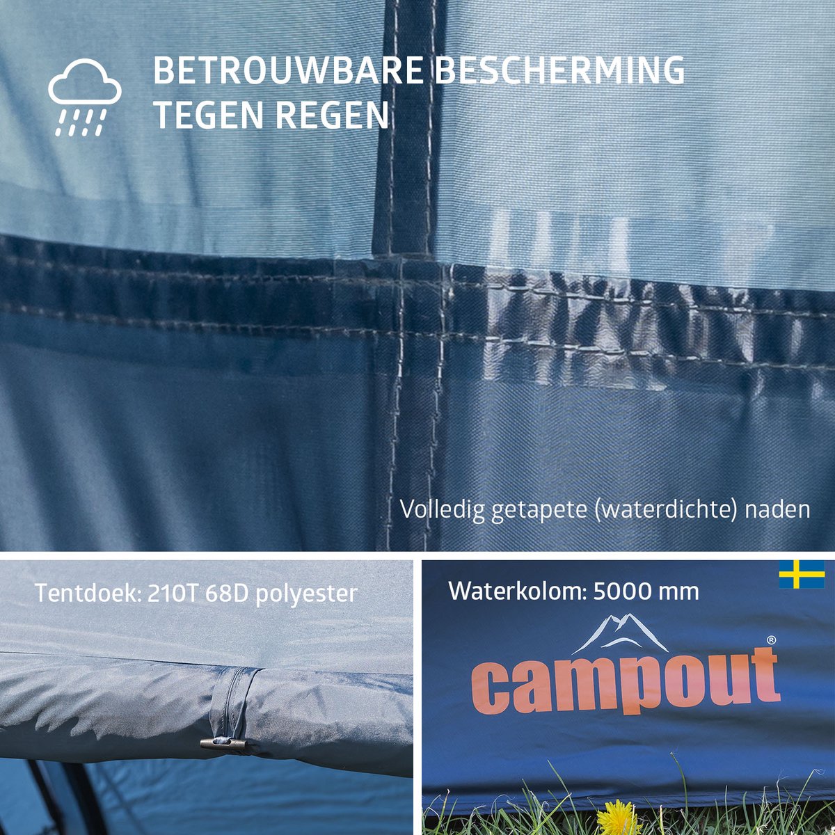 Campout 4-Persoons Vis-à-Vis Koepeltent – 2 Slaapcabines – 5000 mm Waterdicht – Leefruimte – 15 min Opzettijd – Incl. Luifelstokken & Draagtas – foto 2