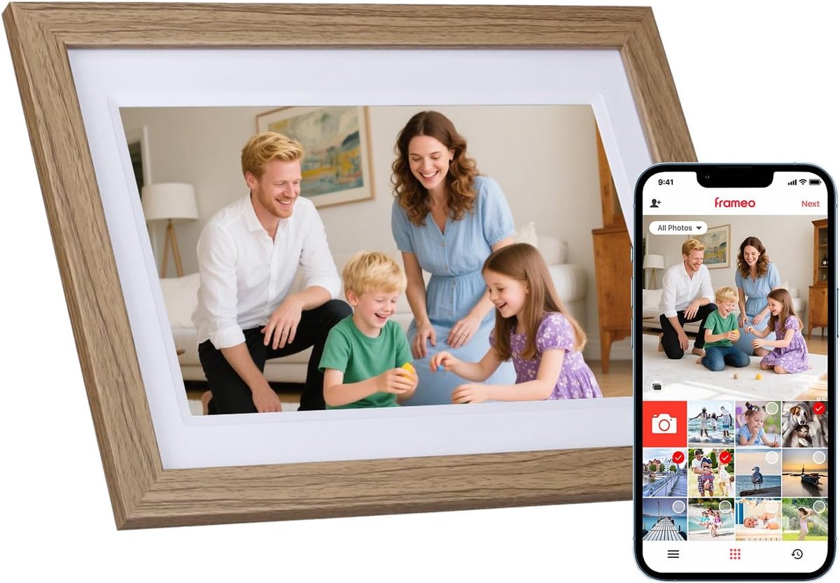 Digitale Fotolijst - Slimme WiFi Frame - Foto's Delen - Groot IPS Touchscreen - 10.1 Inch - Houtkleur