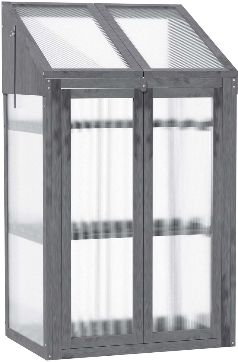 Minikas plantenkweekbak houten cold frame 70x50x120cm grijs met 3 lagen planken en deksel dubbeldeurs ontwerp halfdoorzichtige vorstbeschermde kweekbak stevig duurzaam houten frame geschikt voor tuin balkon plant en groenteteelt