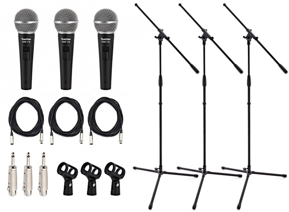 SubZero SZM-11S Dynamic Vocal Microphone with Switch, 3 Boom Stand Pack