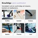 Kleine afbeeldingen tonen het gebruik van de stoomreiniger voor stoffen, sanitair, keuken, ramen, vloeren en auto.
