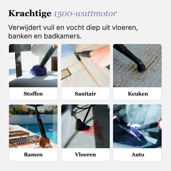 Kleine afbeeldingen tonen het gebruik van de stoomreiniger voor stoffen, sanitair, keuken, ramen, vloeren en auto.
