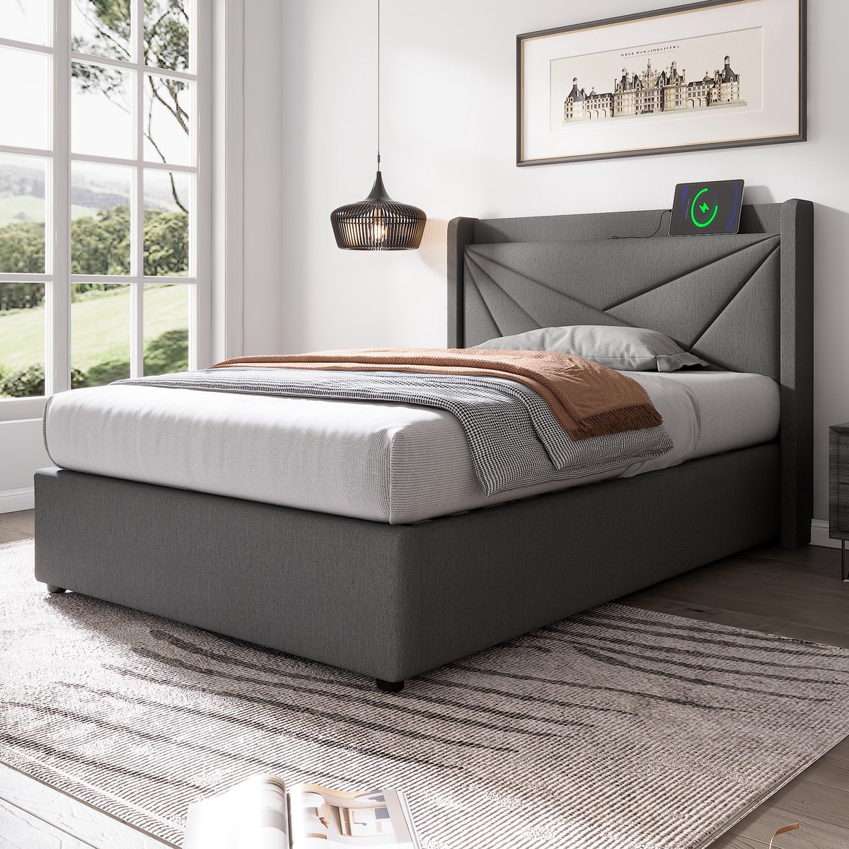 DESMIU Eenpersoonsbed USB Type-C Oplaadfunctie Opbergruimte - Katoen Linnen - Slaapkamer - 90x200 cm Grijs - Zonder Matras