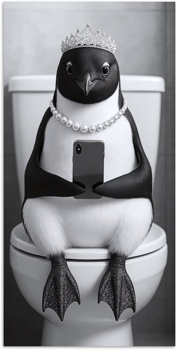 Poster 80x160 cm - Pinguïn - Telefoon - Toilet - Zwart - Wit - Posters - Kamer decoratie -