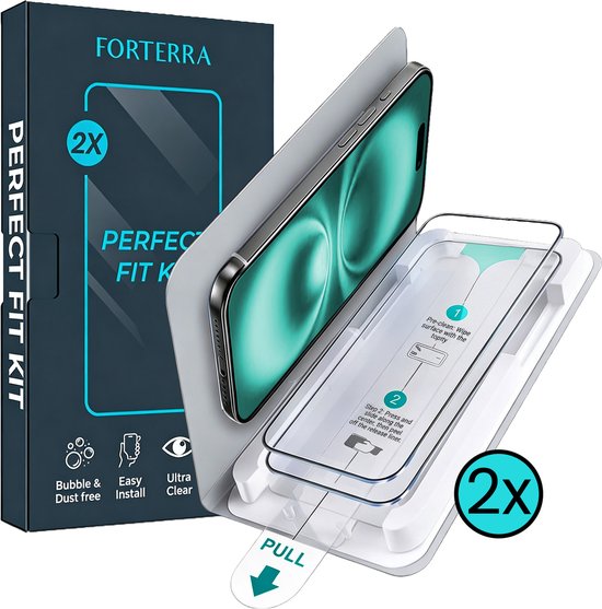 Forterra Perfect Fit Kit verpakking met 2x screenprotector en installatie tray, met iPhone 14 Pro.