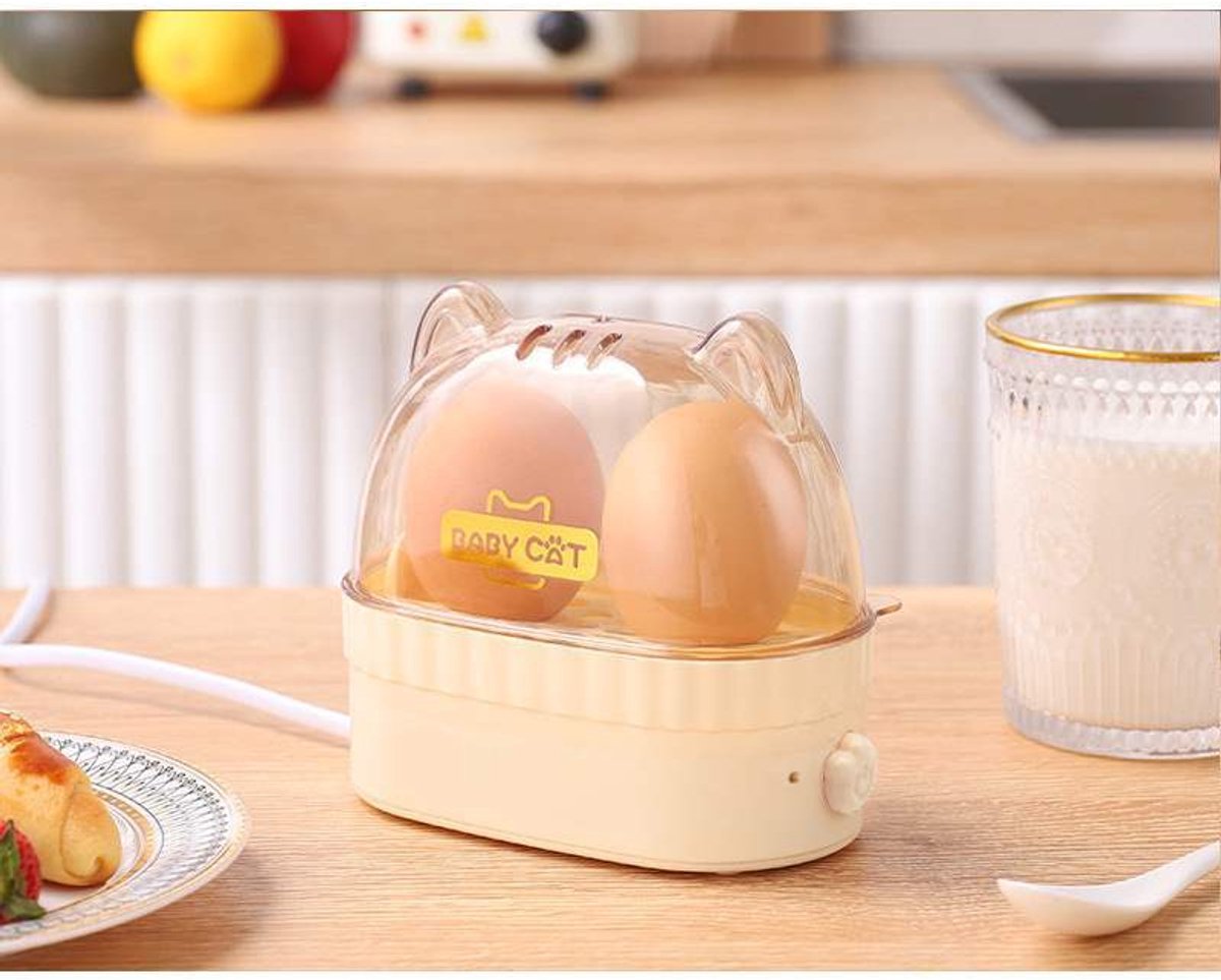 Eierkoker - Mini eierstoomkoker met kattenoortjes - Multifunctionele eierkoker - Draagbaar, automatische uitschakeling - Beige