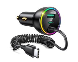 36W Sigarettenaansteker USB-C-Adapter, [DUAL CHIP] 3 Poorten 36W PD 3.0 & QC 3.0 Snellader voor in de Auto met Snelle Spiraalkabel type C, geschikt voor iPhone 17/16, Samsung S26/S25