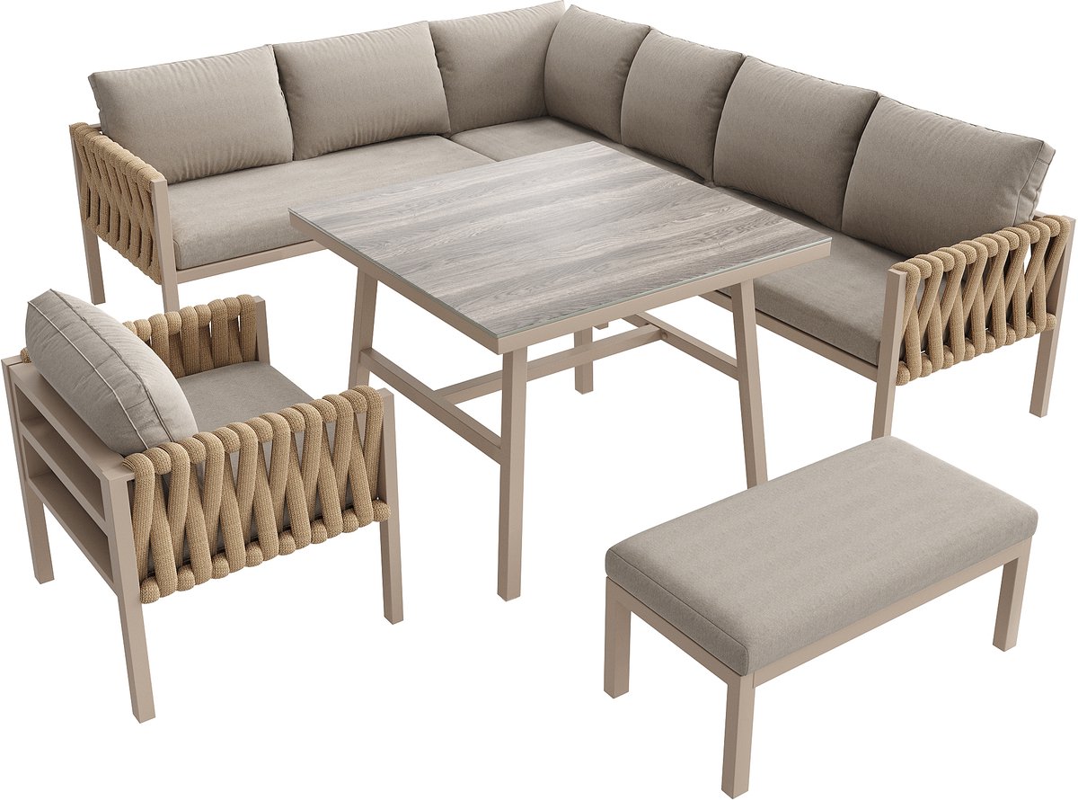 Tuintafelset, touwtuinmeubelset met gegalvaniseerd ijzeren frame, verstelbare poten, hoeksofa, tafelblad van gehard glas, inclusief alle zit- en rugkussens, beige.