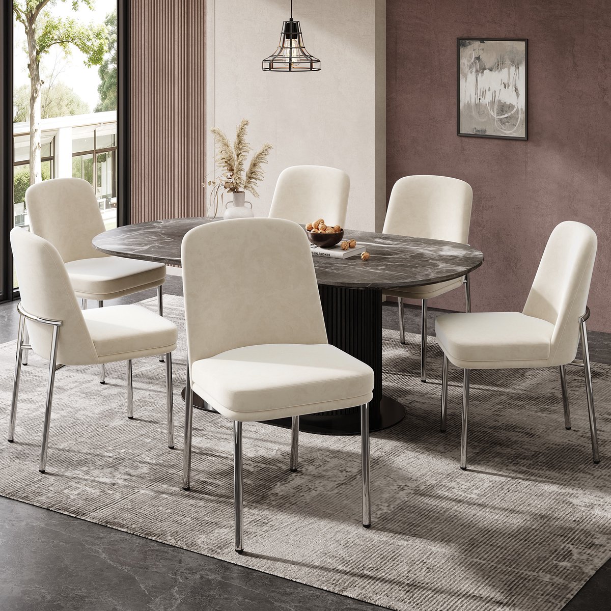 FloraGrace Eetkamerstoel – Dikke Gewatteerde Zitting – Set Van 6 – Velvet – Modern Minimalistisch – Beige – Met Zilverkleurig Metalen Onderstel