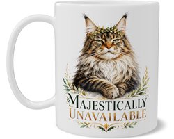 Koffiemok met Maine Coon Kat en Bladerkroon - Grappige Tekst Majestically Unavailable - Aquarel Illustratie - Cadeau voor Kattenliefhebber en Kantoor Humor - Stoere Mok voor Bureau of Thuiswerkplek