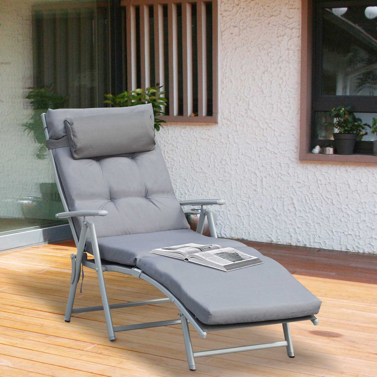 Ligstoel, strandstoel, tuinstoel, opvouwbaar, verstelbaar met kussen, metalen tuinframe, stof, grijs, 137 x 63,5 x 100,5 cm