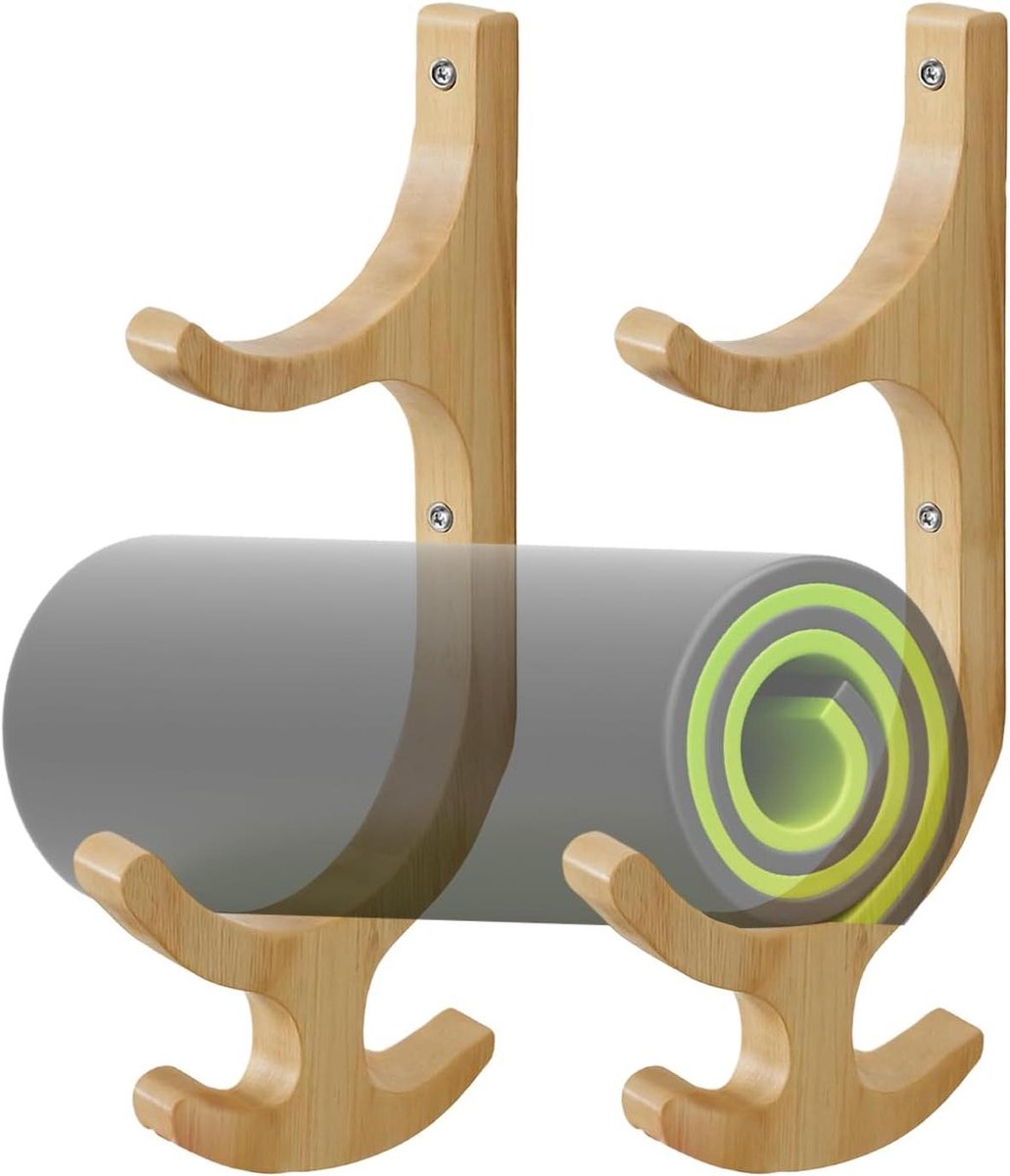 Houten Mat Houder - Fitness Organizer - Sportuitrusting Opbergen - Met 4 Haken - 41x25 cm - Houtkleur