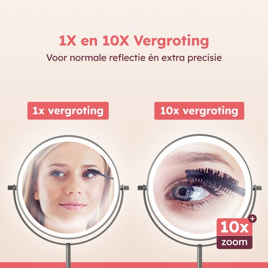 Fraay make-up spiegel met 1x en 10x vergroting. Toont een vrouw die mascara aanbrengt met 1x en een close-up oog met 10x zoom.