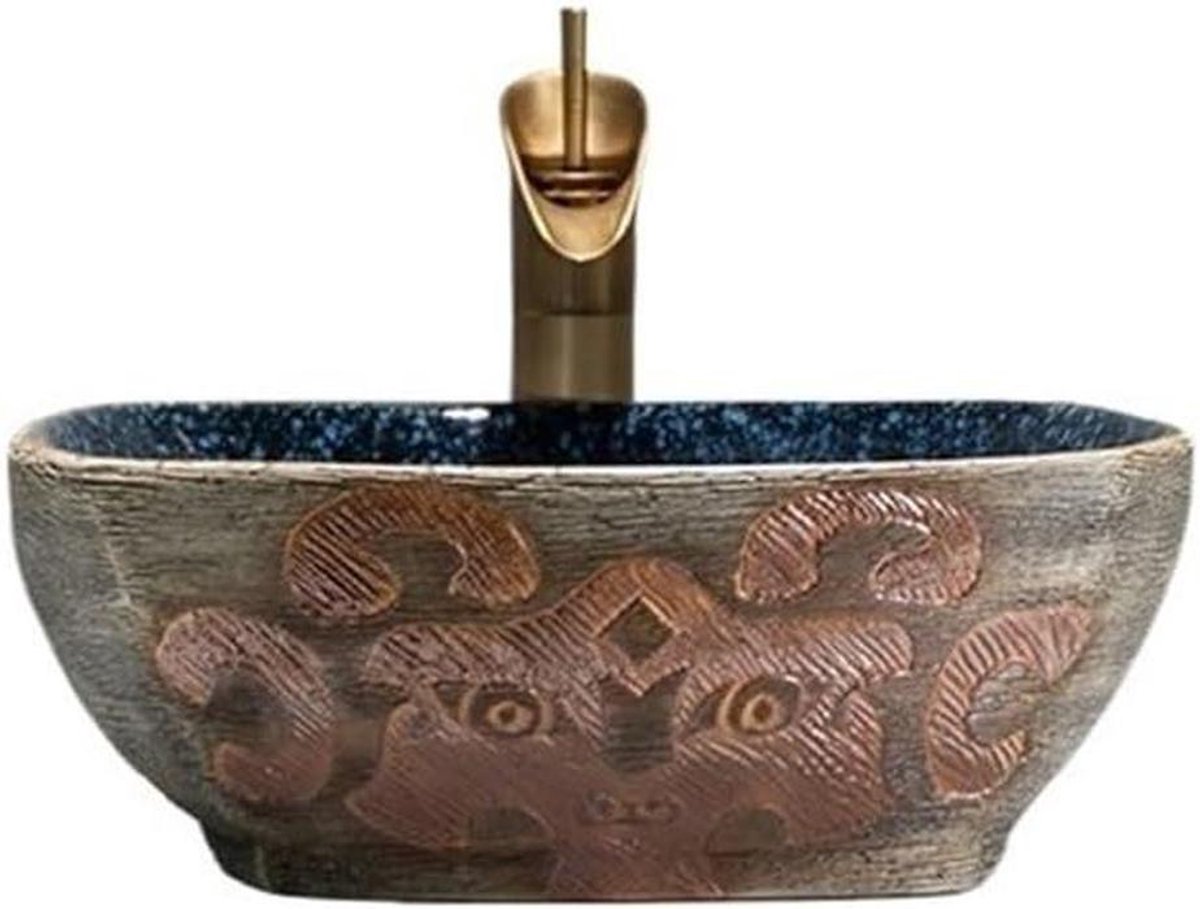 Opbouw Wastafel Keramiek - Waskom Badkamer - Badkamer Verfraaien - Handgeschilderd Patroon - 41 x 41 x 15 cm - Wit