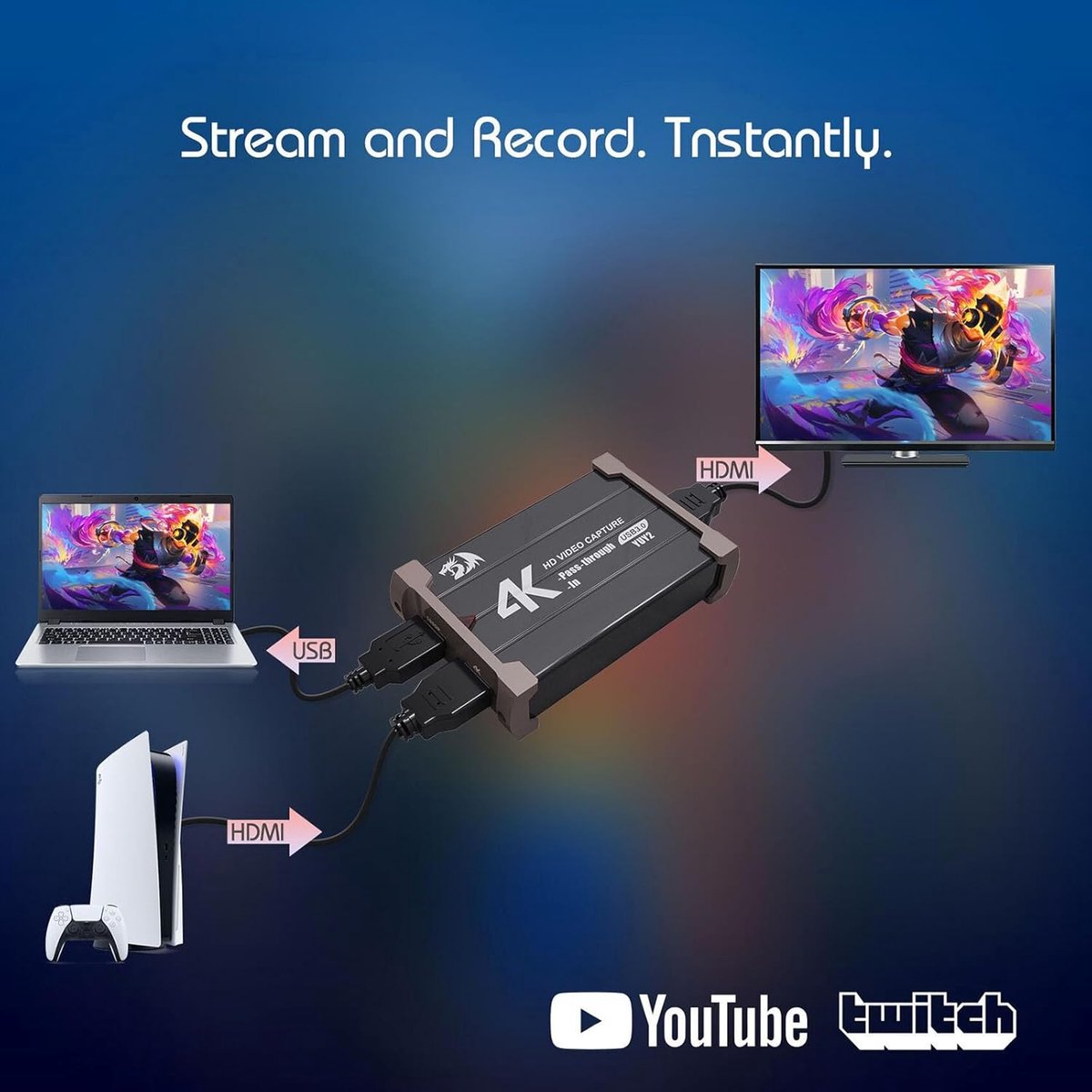 Video Capture Card - Opnamekaart HDMI - Streamen Spelopnames - 1080P 60FPS Kwaliteit - 14.3 x 13 cm - Zwart thumbnail 3