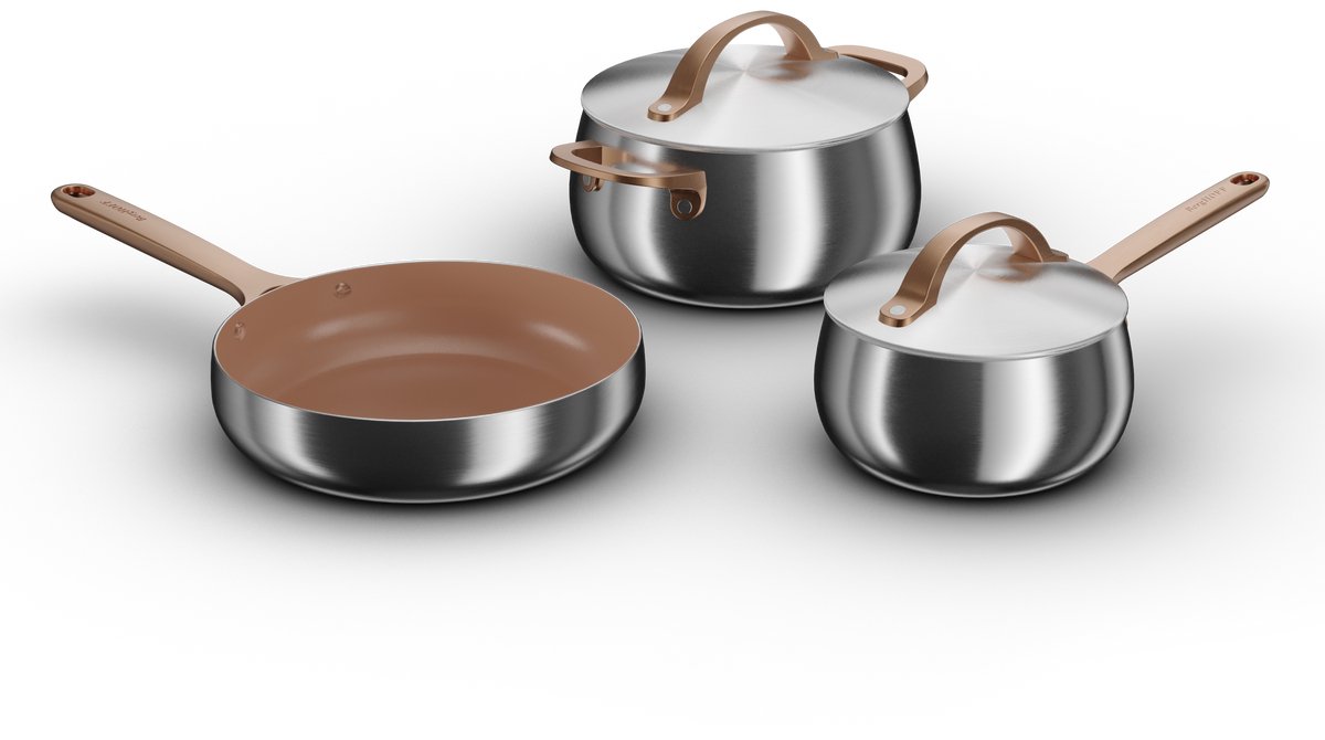 BergHOFF Home Belly Pannenset 5-delig – RVS Steelpan & Kookpot met Deksel – PFAS-Vrije Koekenpan met Keramische Antiaanbaklaag – Inductie & Ovenbestendig – Warm Blush