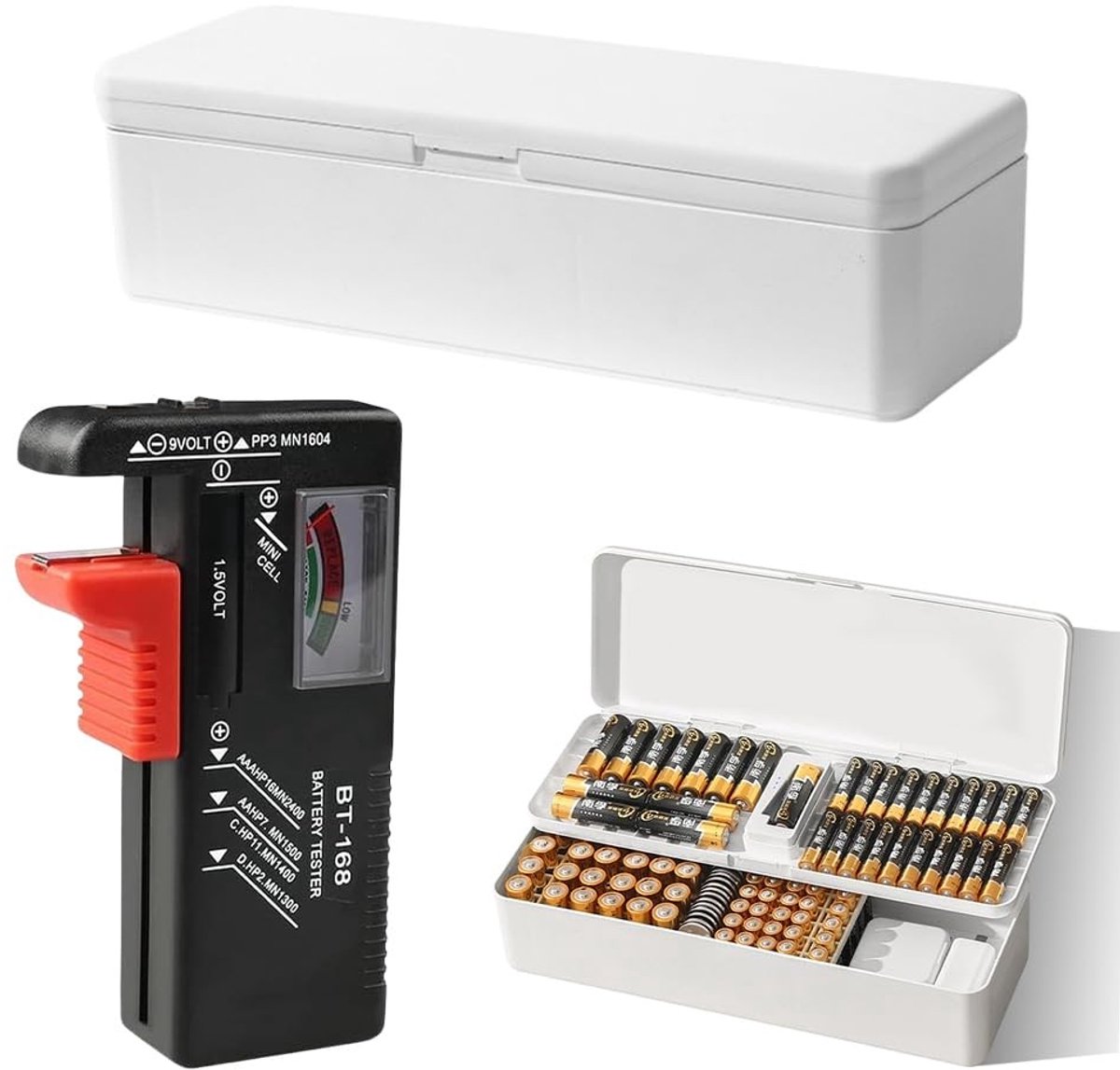 Solidchoice - Dailygoody - Batterijbox - Organizer - Ruimte voor 115 batterijen - Wit - Batterijtester - Praktische opbergoplossing - Geschikt voor alle batter
