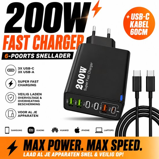 Zwarte 200W "FS POWER PACK" 6-poorts snellader met twee USB-C kabels.