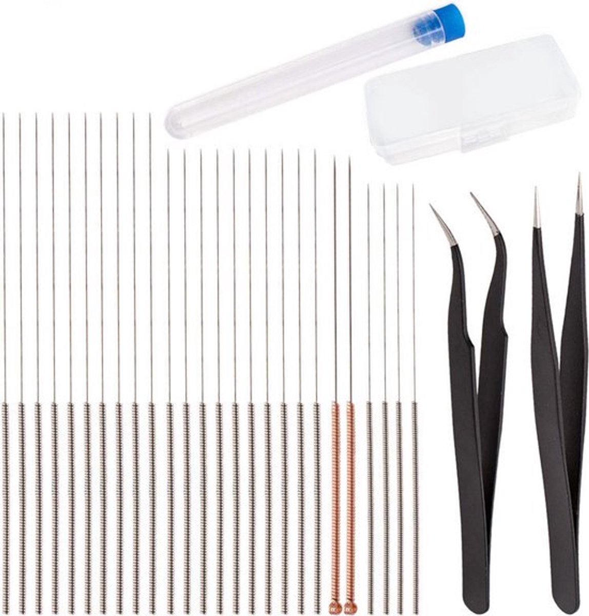 28 stuks - Schoonmaakset voor 3D-printer nozzle - 0,4 mm 0,35 mm 0,25 mm 0,15 mm 0,5 mm naalden en pincetten toolkit - roestvrijstalen nozzle-reinigingsgereedschapset - pincet voor 3D-printer
