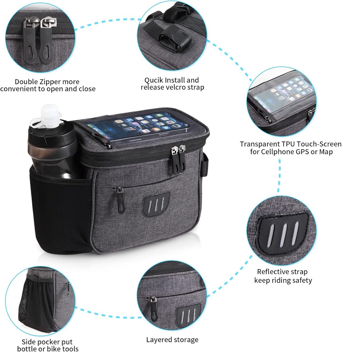 Fiets Stuur Tas - Fiets Voorzak Met Schouderriem - Waterdicht Transparant Vak Voor Telefoon - Grote Opbergruimte Voor Dagelijkse Rit - 6.5 Inch Duurzaam Nylon Materiaal - 1 Stuk Inclusief Verstelbare Riem - Geschikt Voor E-Bike Scooter En Stadfiets – foto 4