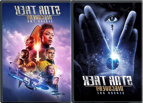 Star Trek Discovery dvd-box seizoenen 1 en 2 met cast-portretten, ruimteschip en blauw mystiek oog op donkere achtergrond.