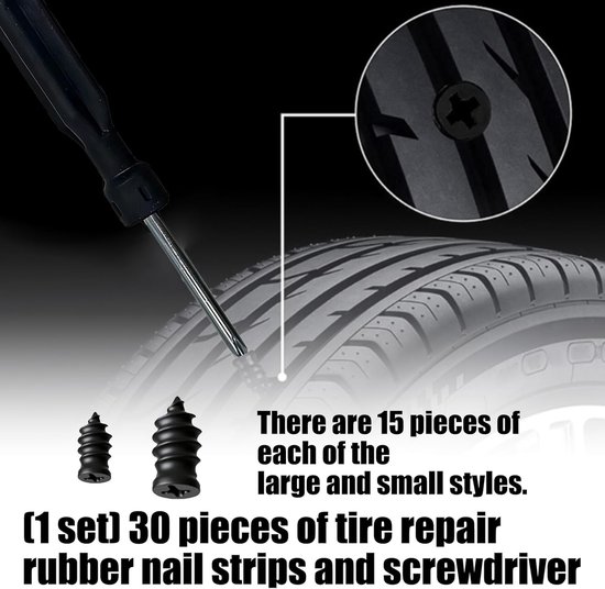 Bandenreparatieset - Platte banden reparatie - Onderweg repareren - 30 stuks rubberen nagels - 15 kleine + 15 grote - Zwart — afbeelding 4