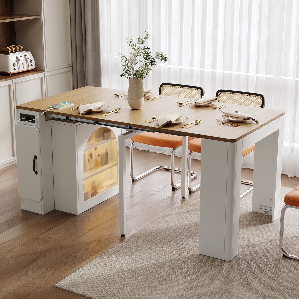 HAUSS SPOLE Keukeneiland - Uittrekbare Eettafel Met 3 Bladen En Rollen - LED Met USB/Type-