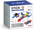 Doos Stick-O City Speelset met diverse magnetische voertuigen, waaronder vliegtuigen en auto's.