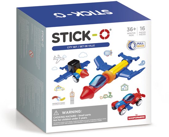 Doos Stick-O City Speelset met diverse magnetische voertuigen, waaronder vliegtuigen en auto's.