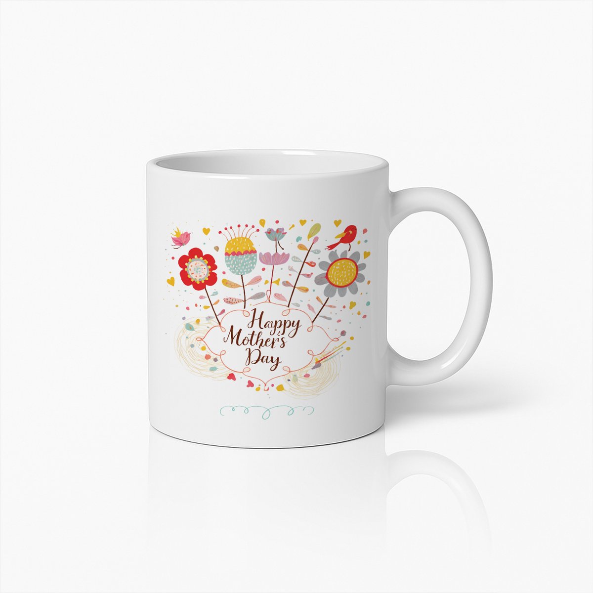 Happy Mother's Day Mok - Bloemen Design & Vogels - Keramiek - 330 ml - Wit