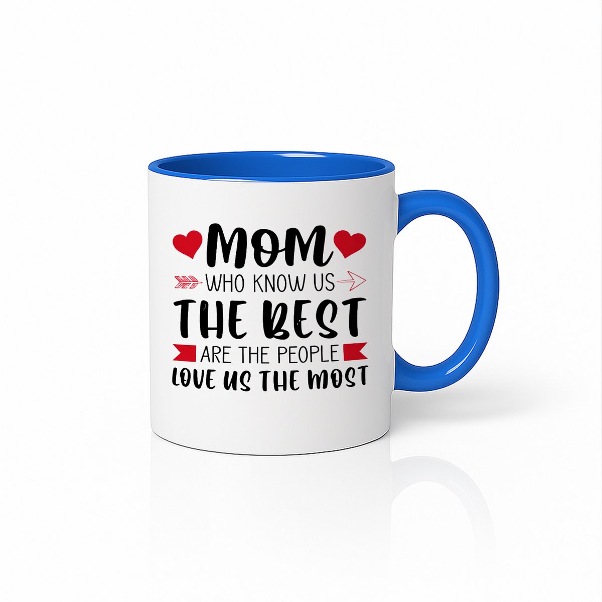 Moederdag Mok met Quote - Mom Who Knows Us The Best - 330ml - Blauw & Wit