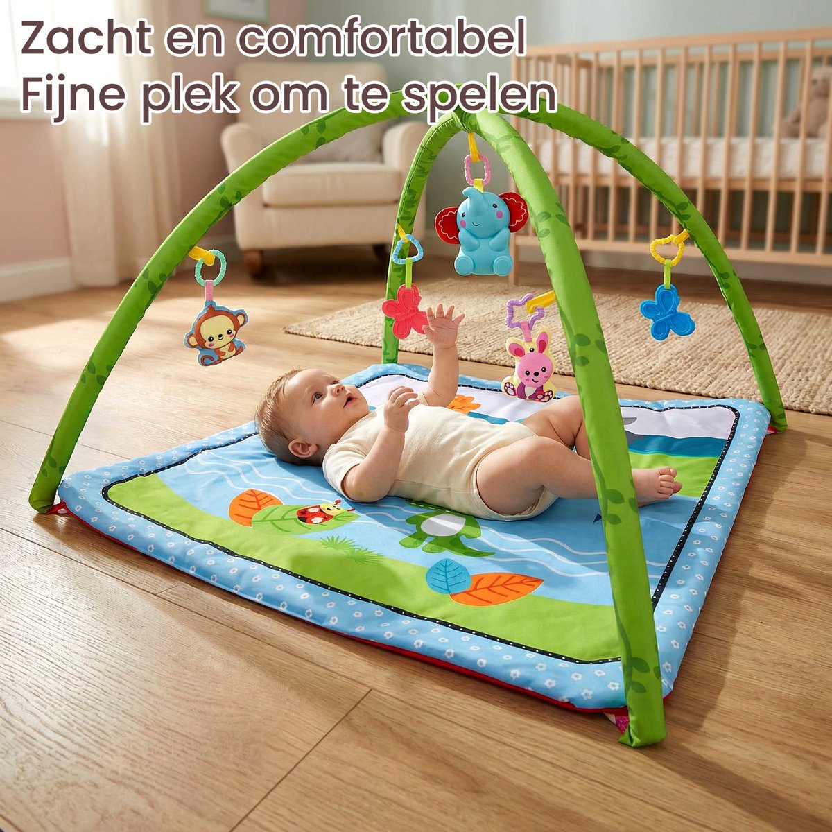 Speelkleed Baby met Boog - Buikligtrainer - 78 x 78 cm - Buiktrainer Baby - Tummy Time - Speelmat Baby - Speelboog - Babygym thumbnail 4