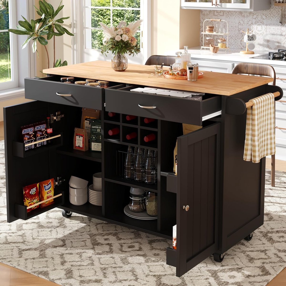 Keuken Eiland - Dienblad Kar - Extra Keukenruimte - Houtnerf Look - 102x45x92cm - Zwart